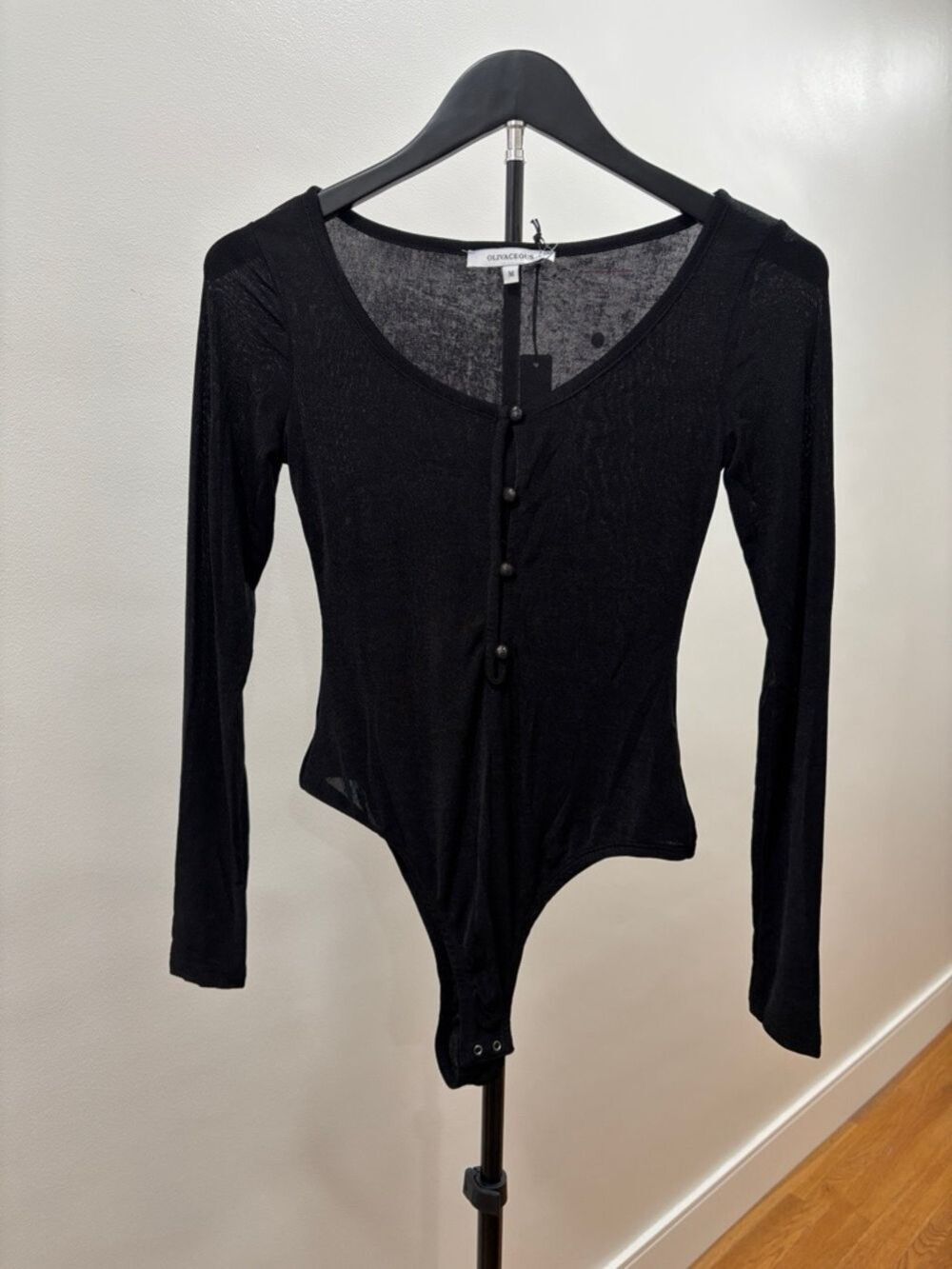 625. Olivaceous Long Sleeve Scoop Neck Bodysuit in Black